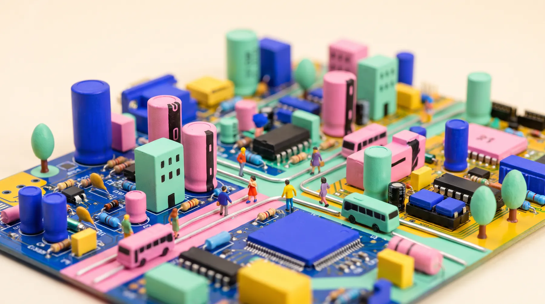 A miniature city built on a circuit board